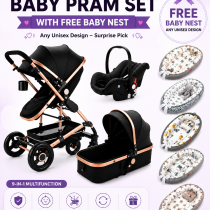 Cuteably® Luxury 3-in-1 Baby Pram Black + Free Unisex Baby Nest