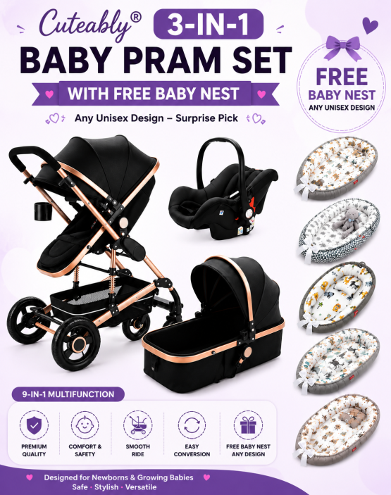 Cuteably® Luxury 3-in-1 Baby Pram Black + Free Unisex Baby Nest