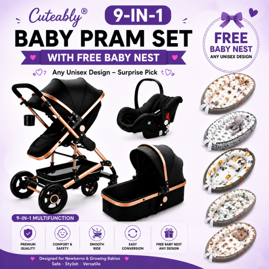 Cuteably® Luxury 9-in-1 Baby Pram Black + Free Unisex Baby Nest