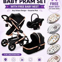 Cuteably® Luxury 9-in-1 Baby Pram Black + Free Unisex Baby Nest