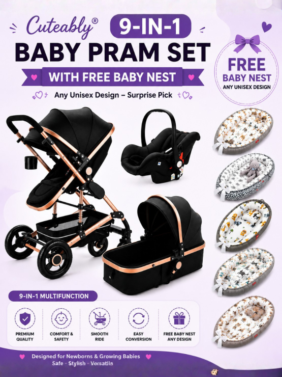 Cuteably® Luxury 9-in-1 Baby Pram Black + Free Unisex Baby Nest