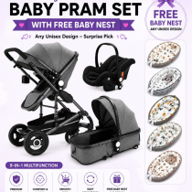 Cuteably® Luxury 9-in-1 Baby Pram Grey + Free Unisex Baby Nest