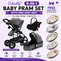 Cuteably® Luxury 9-in-1 Baby Pram Grey + Free Unisex Baby Nest