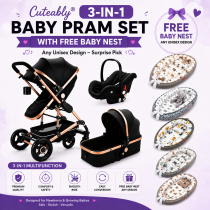 Cuteably® Luxury 3-in-1 Baby Pram Black + Free Unisex Baby Nest
