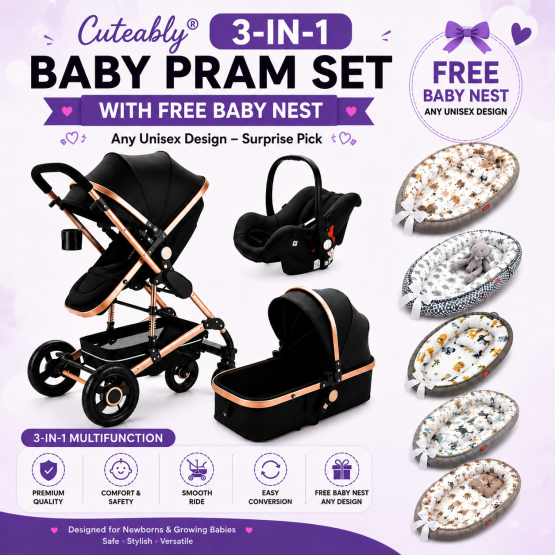 Cuteably® Luxury 3-in-1 Baby Pram Black + Free Unisex Baby Nest